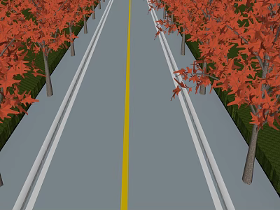 Road Facilities With Yellow Dividing Line White Lane Lines Red Maple Trees And Grass 3d model