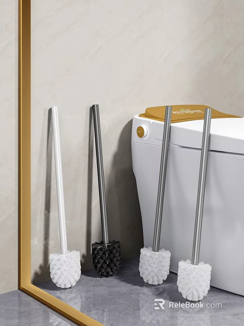 Small Bathroom Accessories With Toilet Brush Mop Handles And White Toilet Design 3d model 