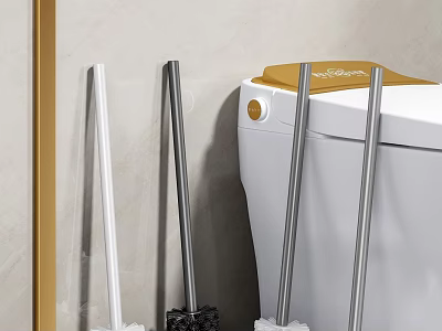Small Bathroom Accessories With Toilet Brush Mop Handles And White Toilet Design 3d model