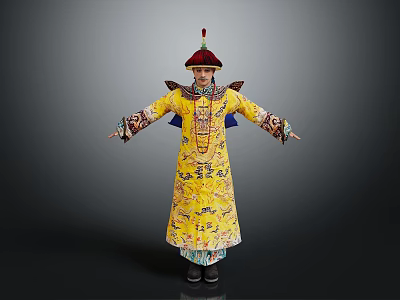 Traditional Chinese Yellow Dragon Robe Clothing With Red Top Hat And Outstretched Arms 3d model
