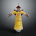 Traditional Chinese Yellow Dragon Robe Clothing With Red Top Hat And Outstretched Arms