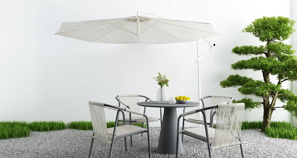 Courtyard Garden Outdoor Dining Set with Wicker Chairs White Parasol Flower Vase and Green Plants 3d model 