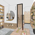 Modern Tea Room Interior With Wooden Shelves Counter Stools And Decorative Items