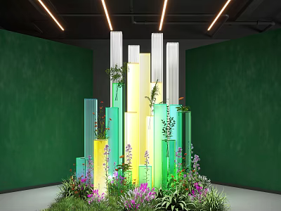 Indoor Landscape With Green Walls Colorful Columns Plants And Ceiling Lights 3d model