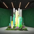 Indoor Landscape With Green Walls Colorful Columns Plants And Ceiling Lights