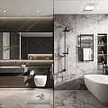 Luxury Modern Bathroom Interior With Marble Walls Bathtub Shower Vanity And Large Mirror