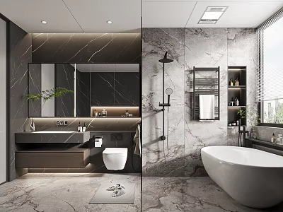 Luxury Modern Bathroom Interior With Marble Walls Bathtub Shower Vanity And Large Mirror 3d model