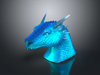Fantasy Character Blue Dragon Head Sculpture With Glowing Scales And Sharp Spikes 3d model