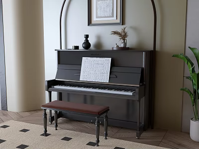 Elegant Upright Piano With Music Sheet Vase Artistic Decor Items Bench And Plant 3d model