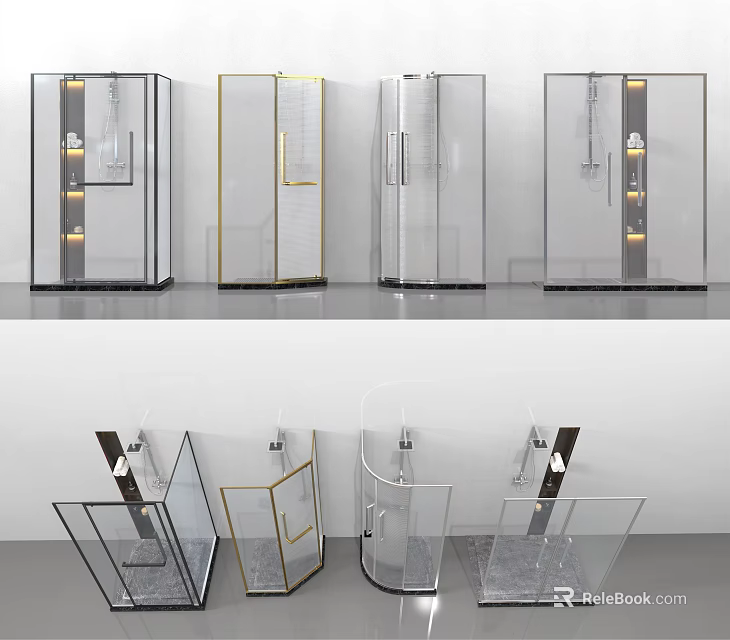 Modern Shower Sauna Glass Enclosures With Transparent Design Multiple Styles Gold Accents 3d model 