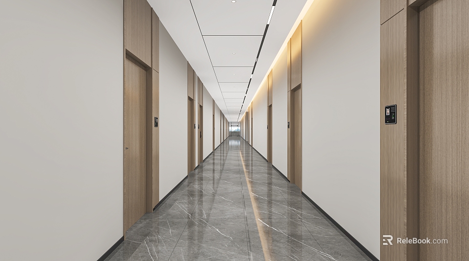 Modern Office Elevator Lobby With Wooden Panels And Marble Floor 3d model 