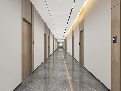 Modern Office Elevator Lobby With Wooden Panels And Marble Floor 3d model