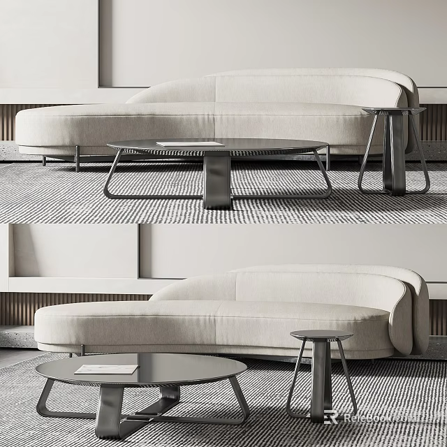 Modern Beige Sectional Sofa In Living Room With Coffee Table And Side Table 3d model 