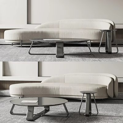 Modern Beige Sectional Sofa In Living Room With Coffee Table And Side Table 3d model
