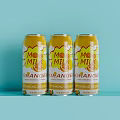 Mo MIL Orange Flavored Drinks In Three Cans On Light Blue Background