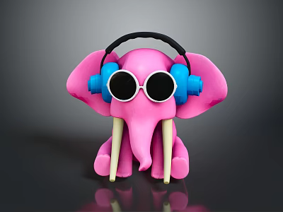 Cute Pink Elephant Toy Wearing Blue Headphones Black Sunglasses And White Tusks 3d model