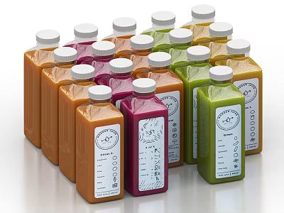 Assorted Organic Fruit Juices in Bottles with Various Colors and Labels 3d model