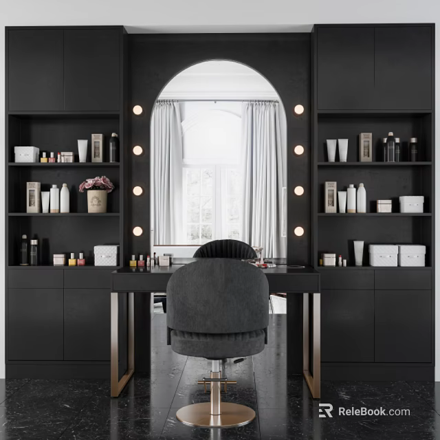 Modern Black Dressing Table With Arched Mirror Light Bulbs Cosmetic Shelves And Chair 3d model 