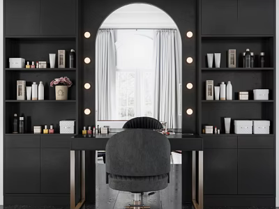 Modern Black Dressing Table With Arched Mirror Light Bulbs Cosmetic Shelves And Chair 3d model