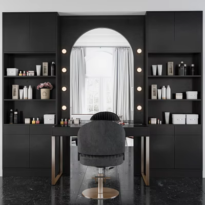 Modern Black Dressing Table With Arched Mirror Light Bulbs Cosmetic Shelves And Chair 3d model