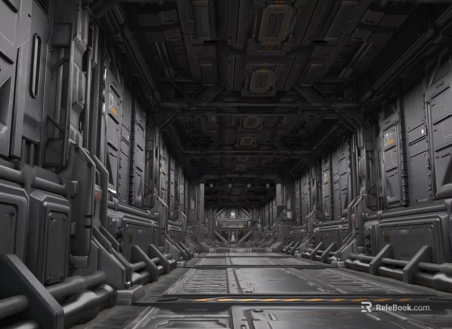 Futuristic Elevator Corridor With Industrial Metal Walls Ceiling Panels And Floor Lines 3d model 