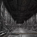 Futuristic Elevator Corridor With Industrial Metal Walls Ceiling Panels And Floor Lines