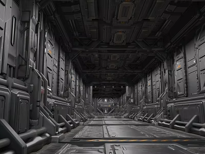 Futuristic Elevator Corridor With Industrial Metal Walls Ceiling Panels And Floor Lines 3d model