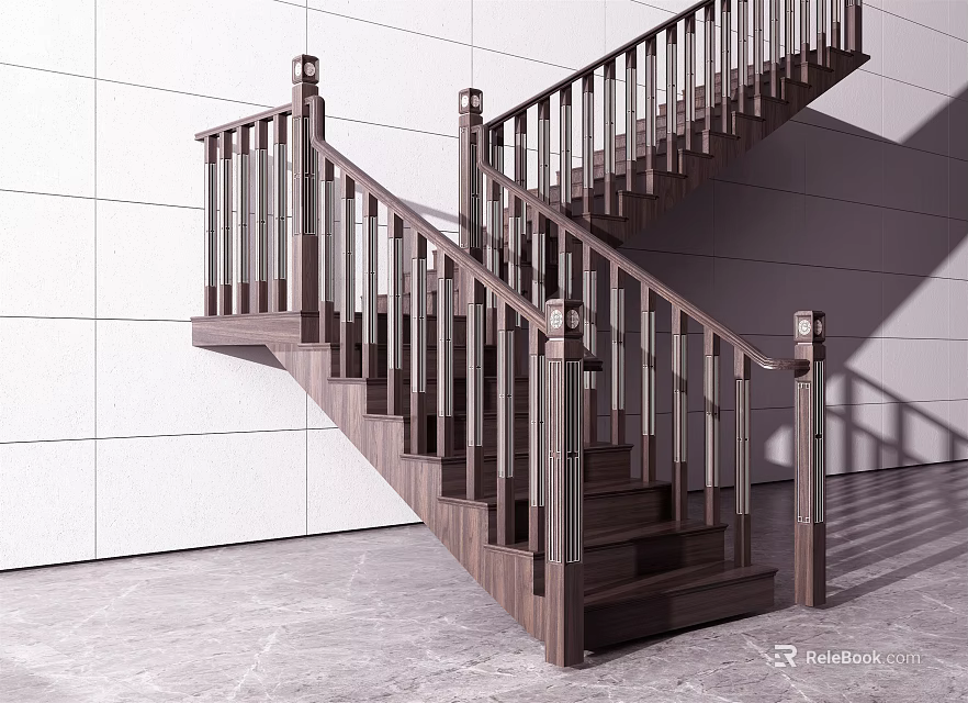 Modern Indoor Staircase With Wooden Steps Metal Railings Corner Design And White Wall 3d model 