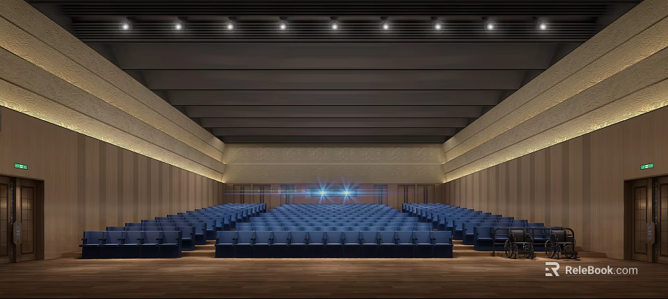 Spacious Modern Conference Room With Neatly Arranged Blue Seats And Ceiling Lighting 3d model 