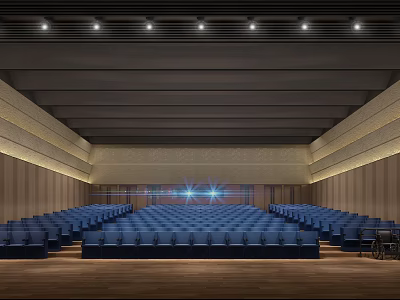 Spacious Modern Conference Room With Neatly Arranged Blue Seats And Ceiling Lighting 3d model