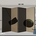 Modern Room Divider With Beige Fabric Panels Black Geometric Accents And Green Plant In Interior