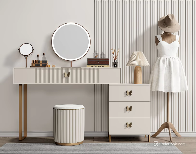 Modern Dressing Table Design With Round Mirror Table Lamp Stool Drawers And Dress Form 3d model 