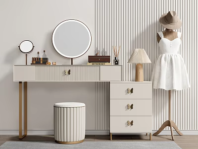 Modern Dressing Table Design With Round Mirror Table Lamp Stool Drawers And Dress Form 3d model