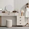 Modern Dressing Table Design With Round Mirror Table Lamp Stool Drawers And Dress Form