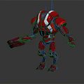 Futuristic Red Armored Robot Character Standing With Mechanical Weapon Arm And Metallic Structure