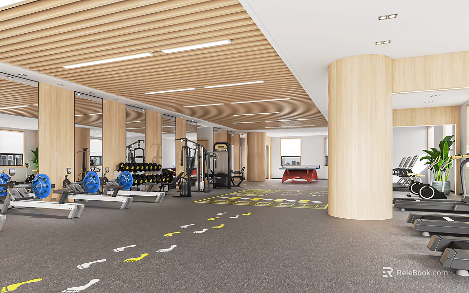 Modern Sports Fitness Gym Interior With Various Equipment Wooden Pillars And Floor Footprints 3d model 