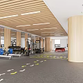 Modern Sports Fitness Gym Interior With Various Equipment Wooden Pillars And Floor Footprints