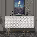 Elegant Modern Entryway Console Cabinet With Beige Geometric Doors And Golden Legs