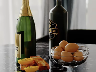 Kitchen Ornaments Wine Bottle Fruit Plate Fruit Bread 3d model