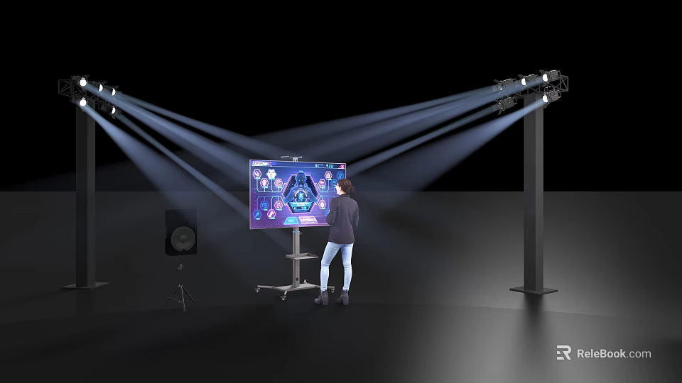 Downlights and Spotlights Emitting Bright Light Beams in Modern Demonstration Setup with Screen and Person 3d model 