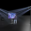 Downlights and Spotlights Emitting Bright Light Beams in Modern Demonstration Setup with Screen and Person