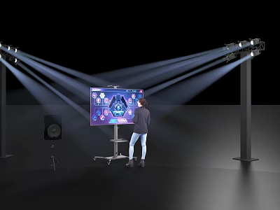 Downlights and Spotlights Emitting Bright Light Beams in Modern Demonstration Setup with Screen and Person 3d model