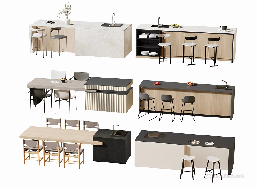 Modern Bar Counter Designs With Wooden Marble Tops And Matching Stools 3d model 