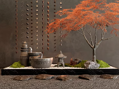 Tranquil Indoor Landscape With Red Maple Tree Hanging Bells Ceramic Jars Pavilion And Moss 3d model