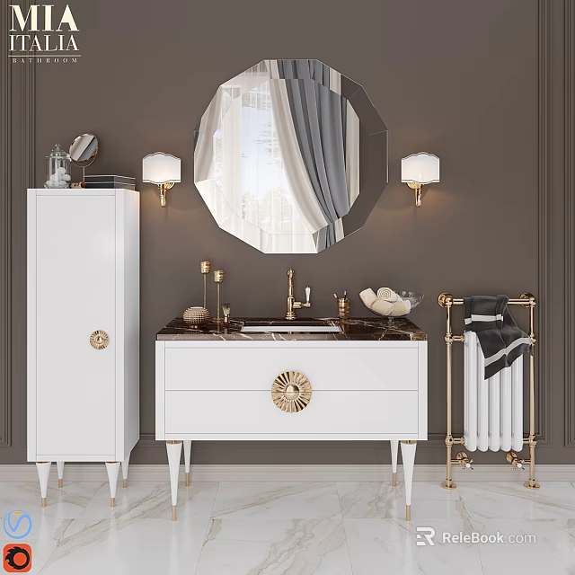 Elegant White Vanity with Marble Countertop Round Mirror and Gold Accents on Dark Gray Wall 3d model 