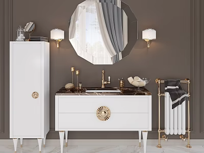 Elegant White Vanity with Marble Countertop Round Mirror and Gold Accents on Dark Gray Wall 3d model