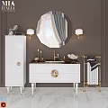 Elegant White Vanity with Marble Countertop Round Mirror and Gold Accents on Dark Gray Wall