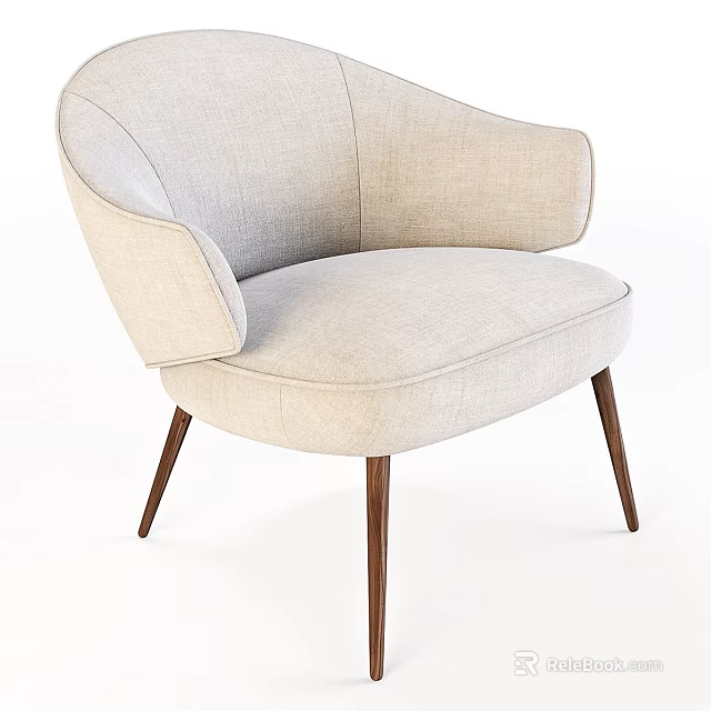 Beige Upholstered Modern Armchair With Curved Armrests And Wooden Legs 3d model 