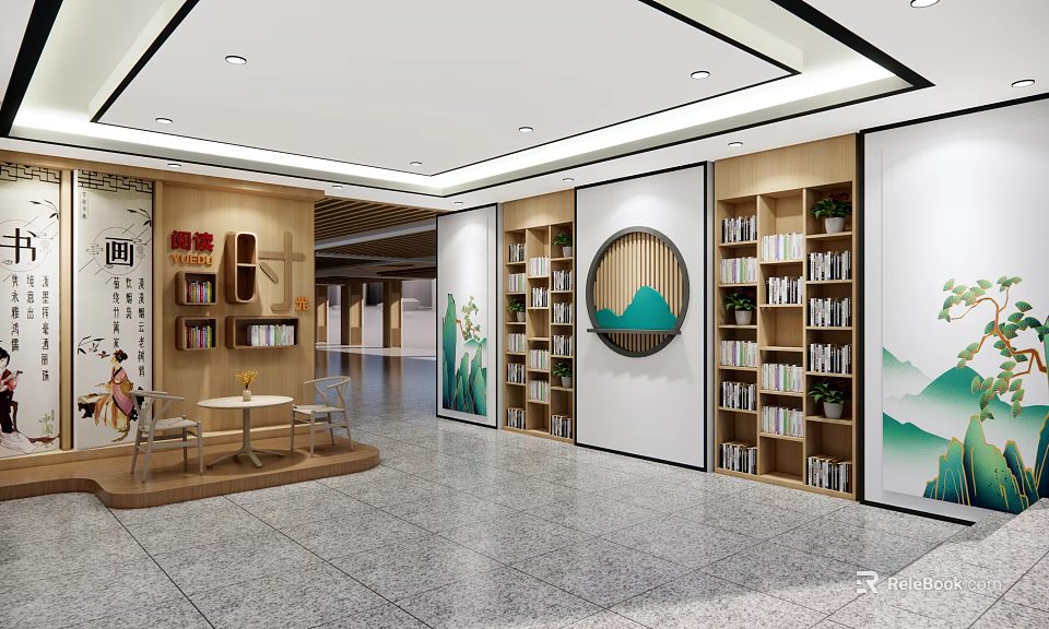School Library Interior With Bookshelves Books Tables Chairs And Decorative Paintings 3d model 