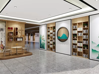 School Library Interior With Bookshelves Books Tables Chairs And Decorative Paintings 3d model